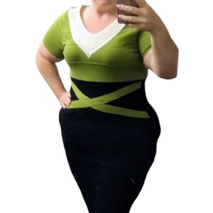 Ashley Stewart Green and Black Ribbed Bandage Bodycon Dress